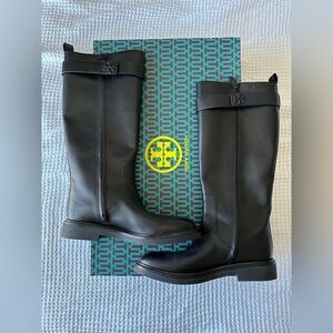 Tory Burch Knee High Utility Boots in Black Leather Riding Boots Size 10 NWT